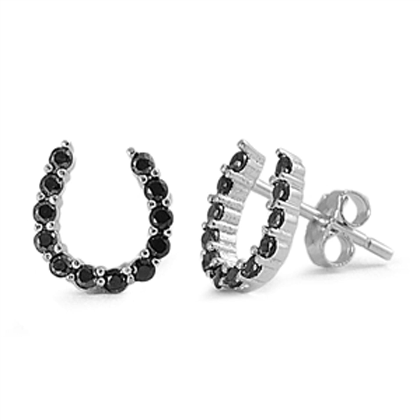 Slender Horseshoe Black Cubic Zirconia Stud Earrings in Sterling Silver