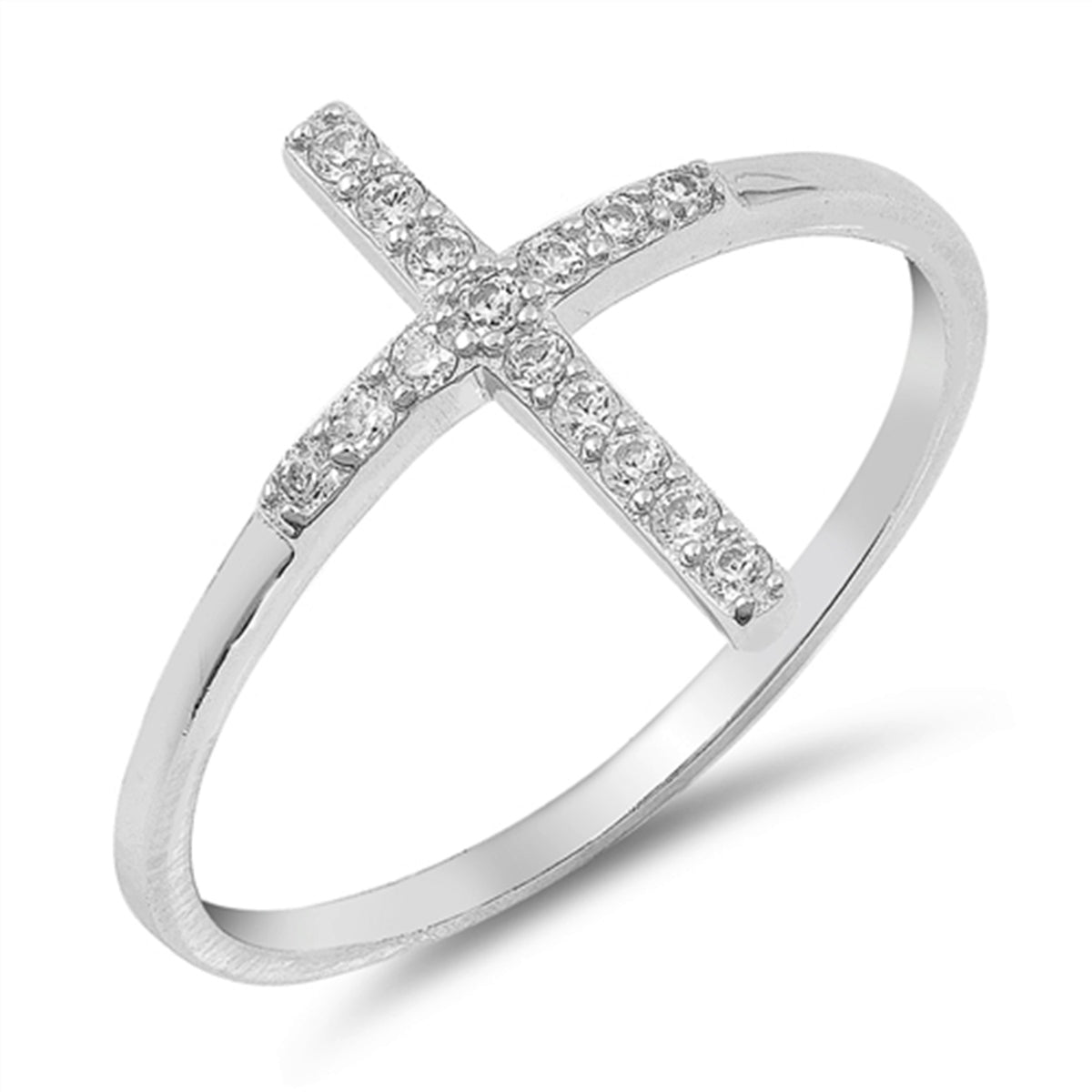 Slender Cross Minimalist Ring Cubic Zirconia Accent in Sterling Silver