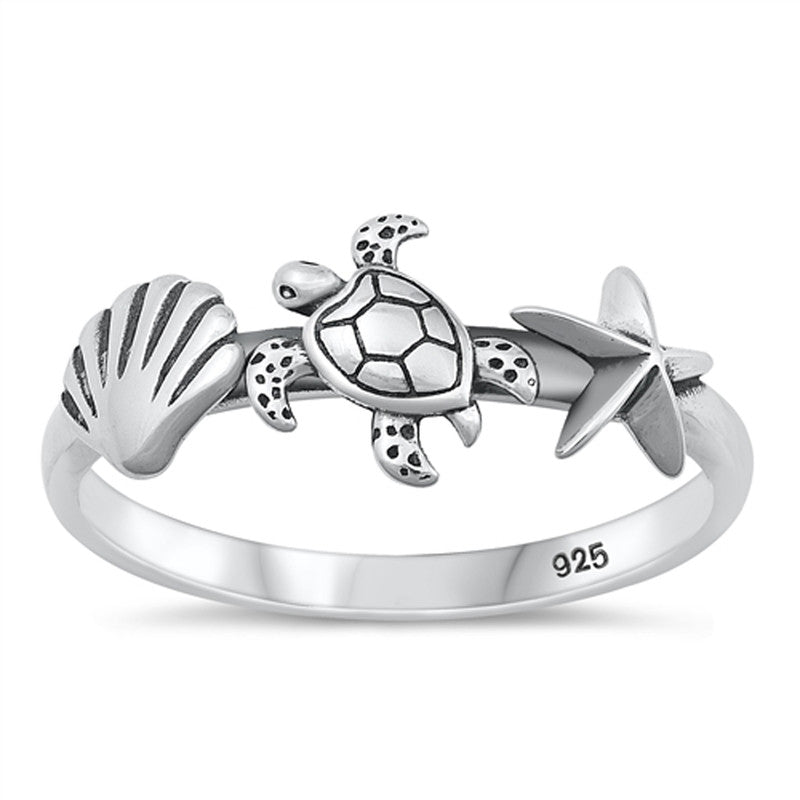 Beach Theme Seashell, Turtle & Starfish Ring in Sterling Silver