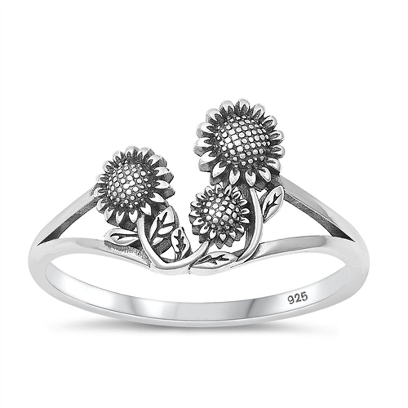 Budding Sunflowers Split Shank Ring in Sterling Silver