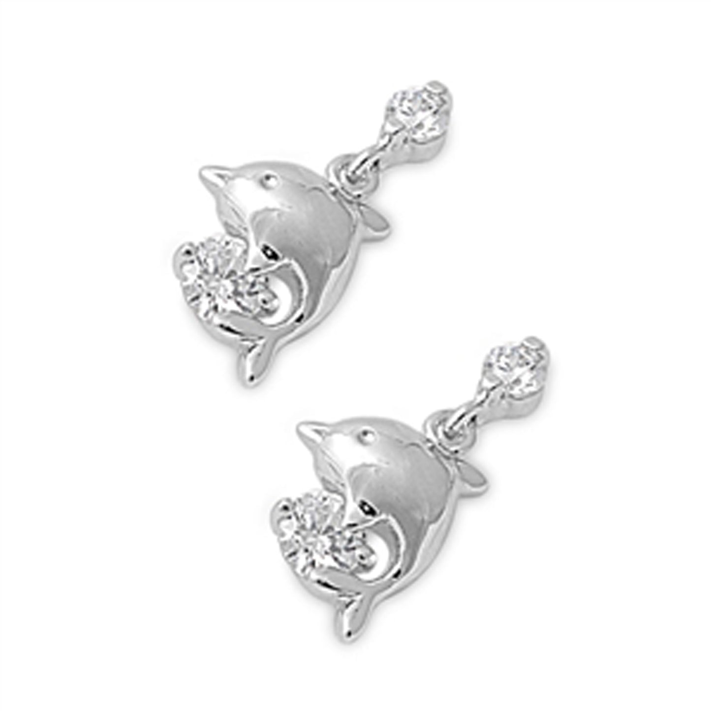 Sea Dolphins with Cubic Zirconia Accent Short Dangle Earrings in Sterling Silver