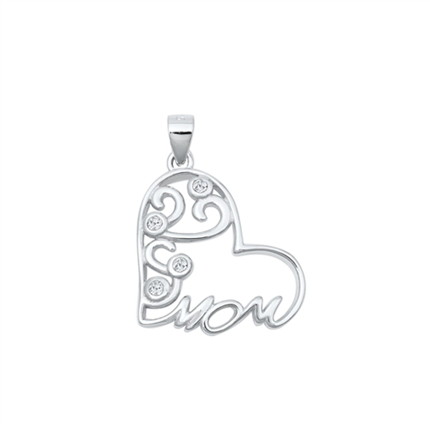 Mom Scroll Heart Pendant in Sterling Silver