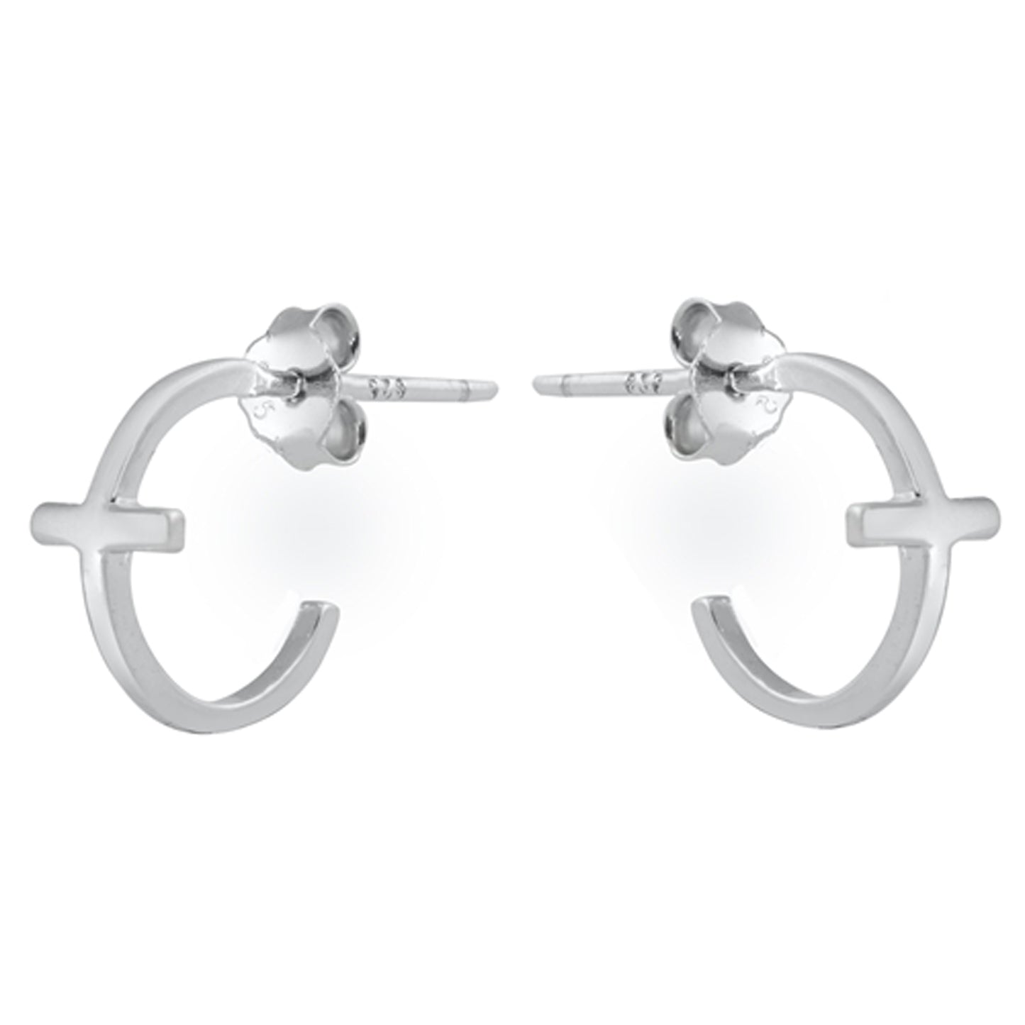 Curved Cross Semi Hoop Earrings in Sterling Silver