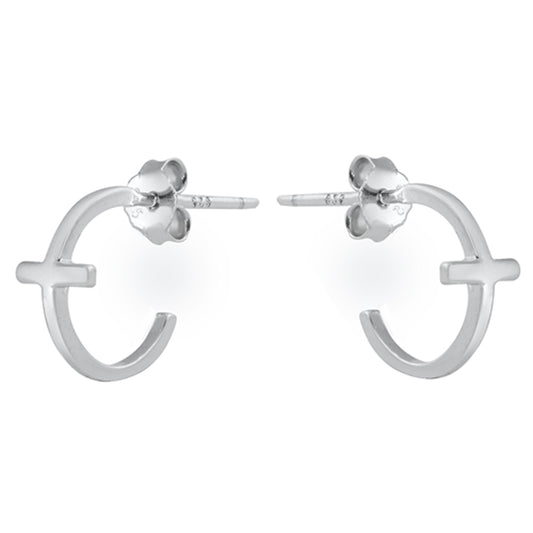 Curved Cross Semi Hoop Earrings in Sterling Silver