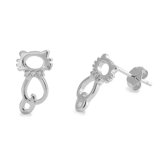 Cat Silhouette Cubic Zirconia Stud Earrings in Sterling Silver