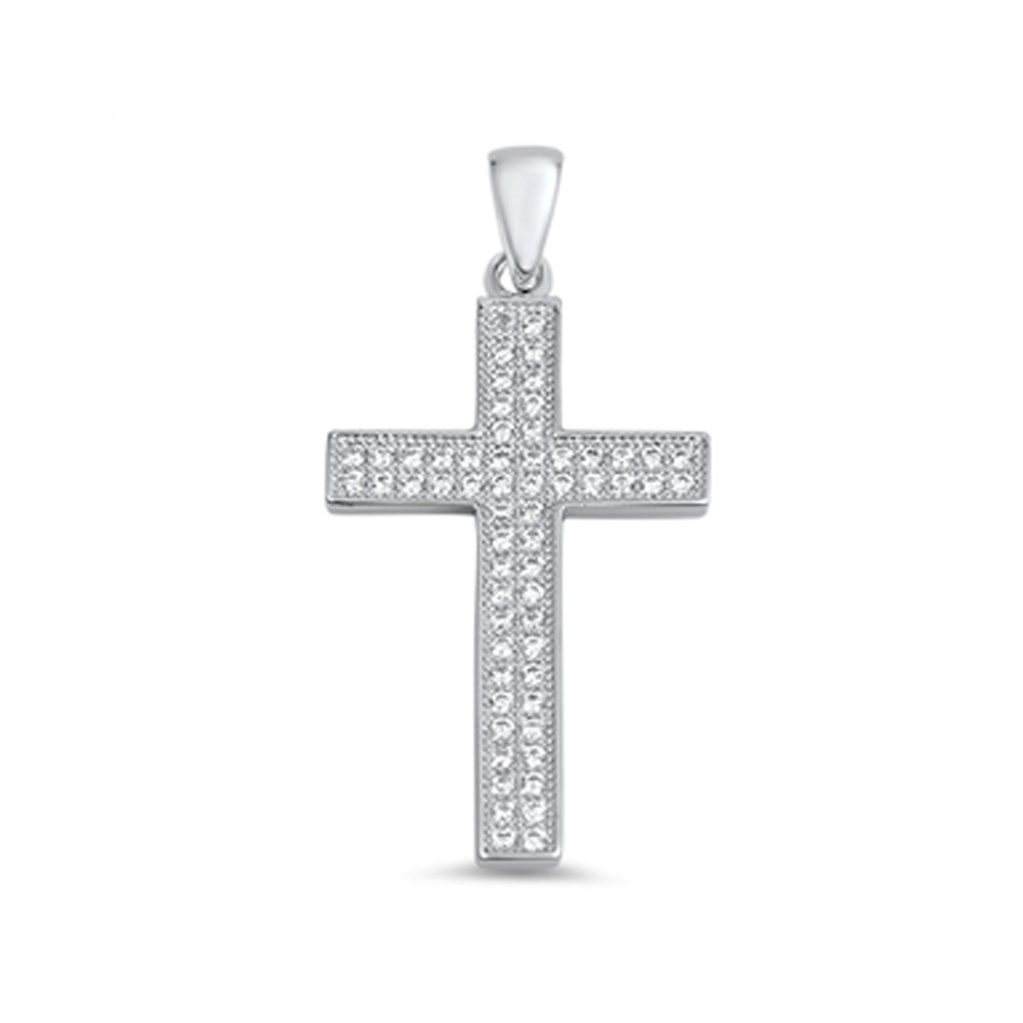 Double Row Cubic Zirconia Milgrain Cross Pendant in Sterling Silver