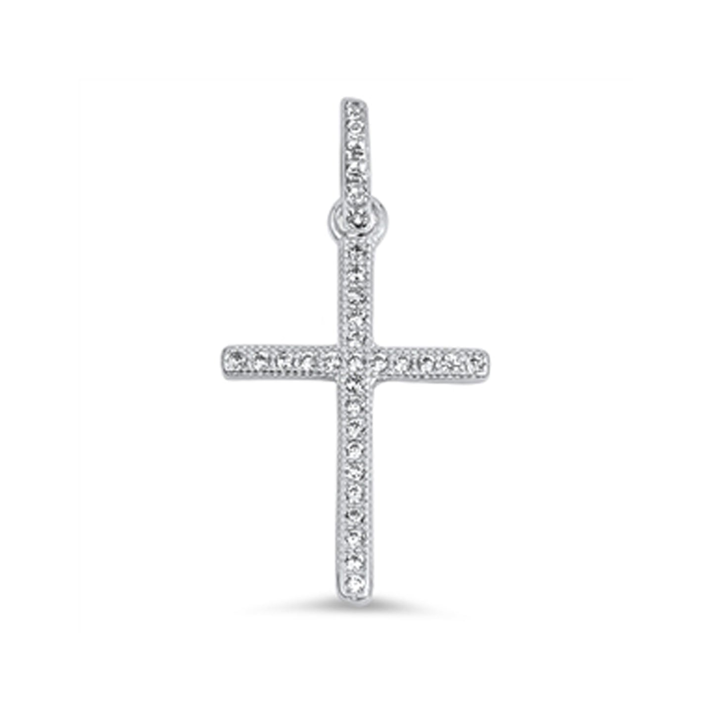 Cubic Zirconia Encrust Milgrain Cross Pendant in Sterling Silver