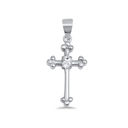 Slender Fleur-de-lis Cubic Zirconia Cross Pendant in Sterling Silver