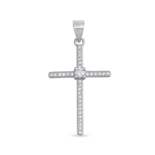 Cubic Zirconia Center Slender Cross Pendant in Sterling Silver