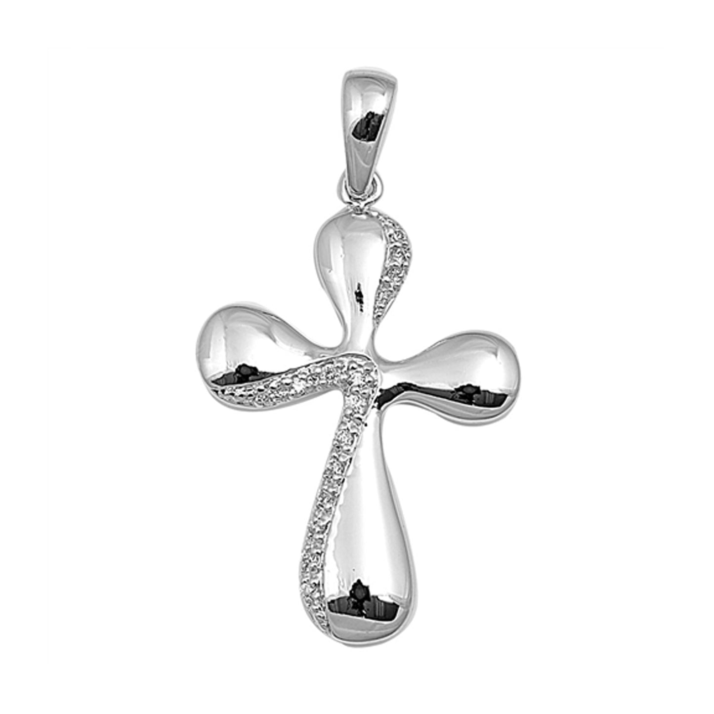 Puffed Cross Pendant Cubic Zirconia Accent in Sterling Silver