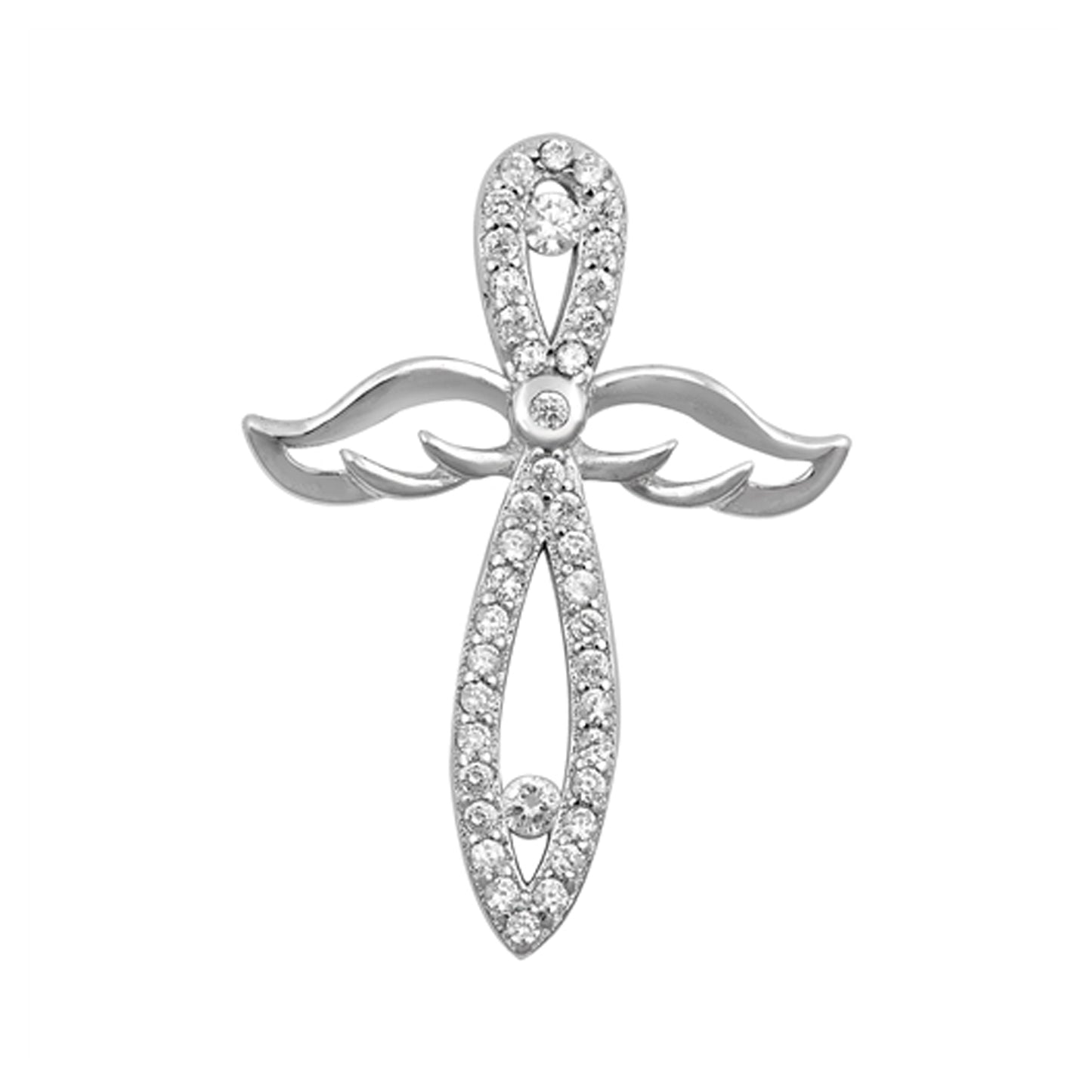 Cubic Zirconia Loop Cross with Wings Pendant in Sterling Silver