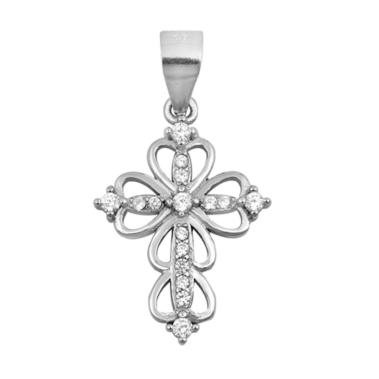 Hearts Motif Cross Cubic Zirconia Pendant in Sterling Silver