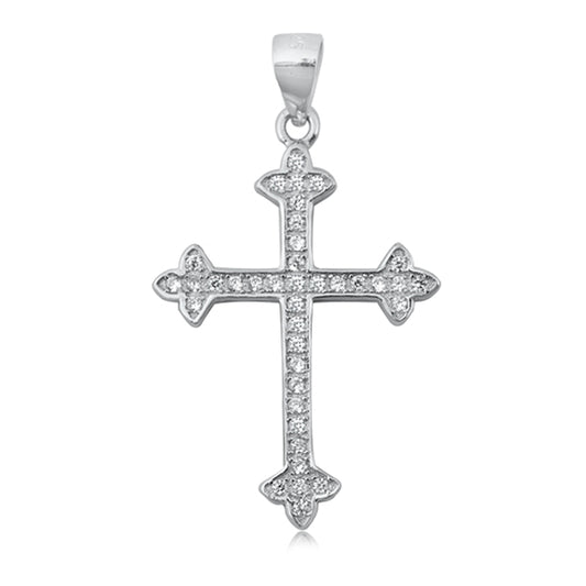 Fleur De Lis Cubic Zirconia Accent Vintage Cross Pendant in Sterling Silver