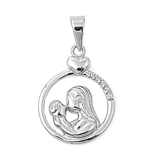 Mom and Baby Cubic Zirconia Circle Charm Pendant in Sterling Silver