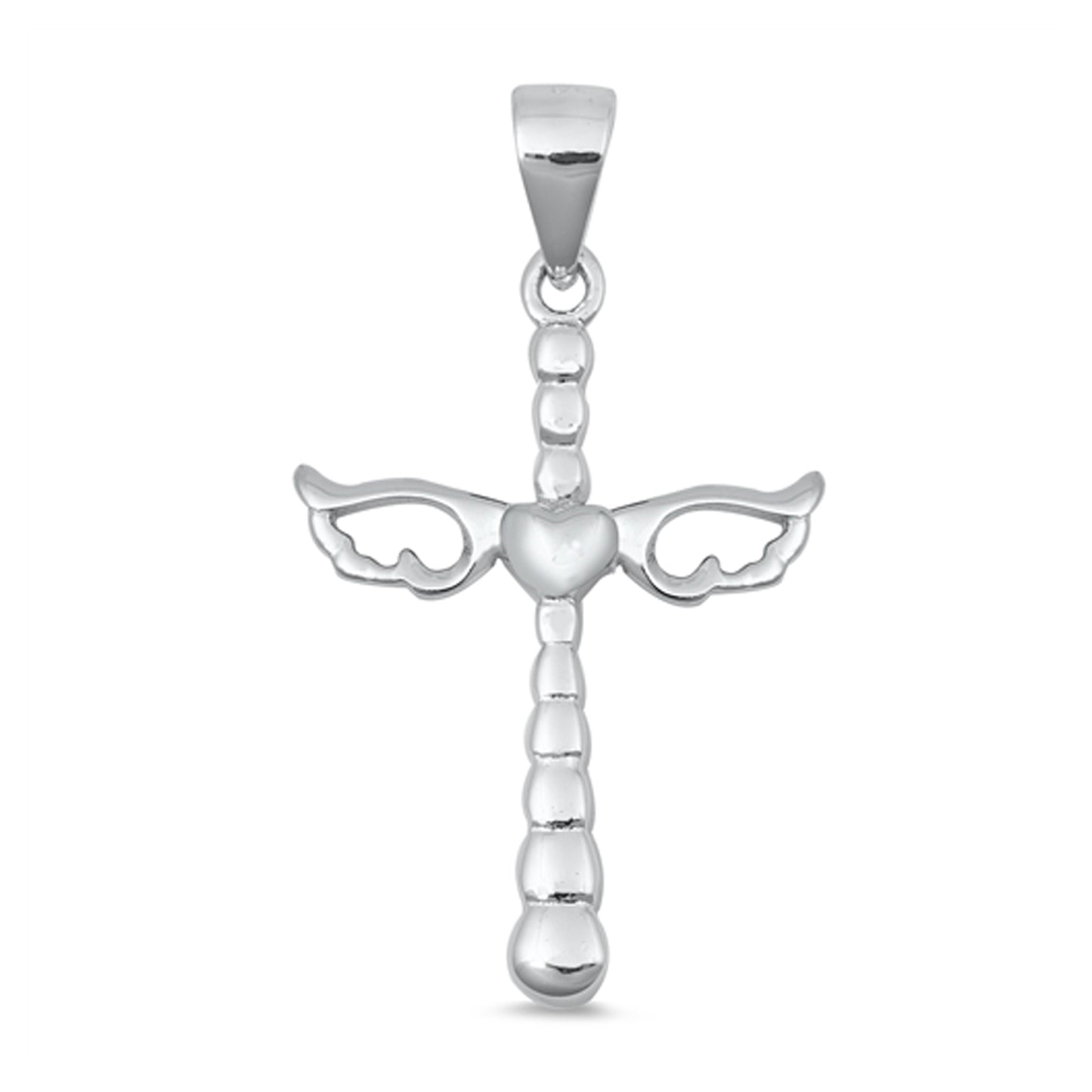 Winged Cross with Tiny Heart Pendant in Sterling Silver