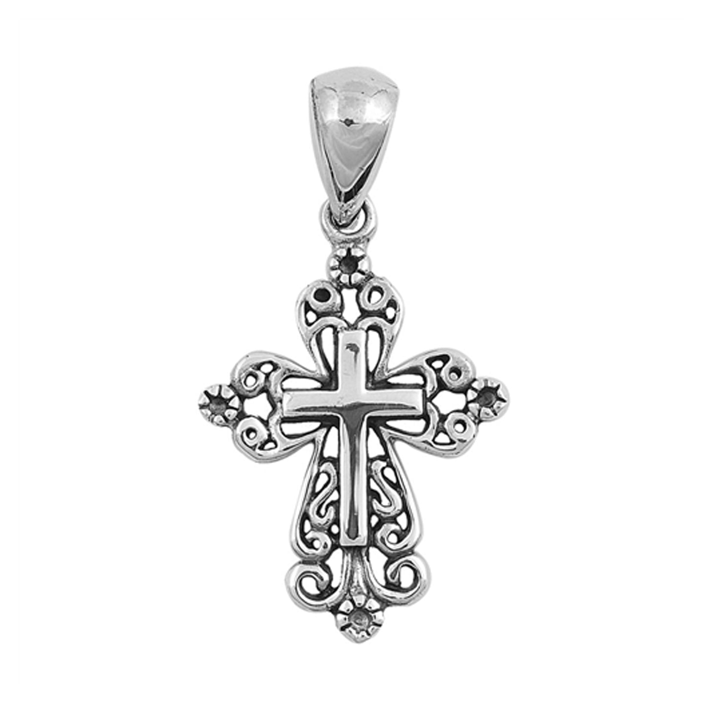 Scroll Latticework Vintage Cross Pendant in Sterling Silver