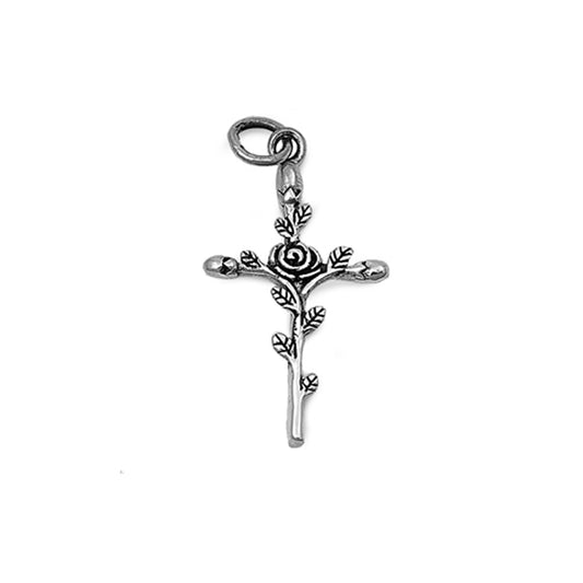 Cross with Rose Vine Pendant in Sterling Silver