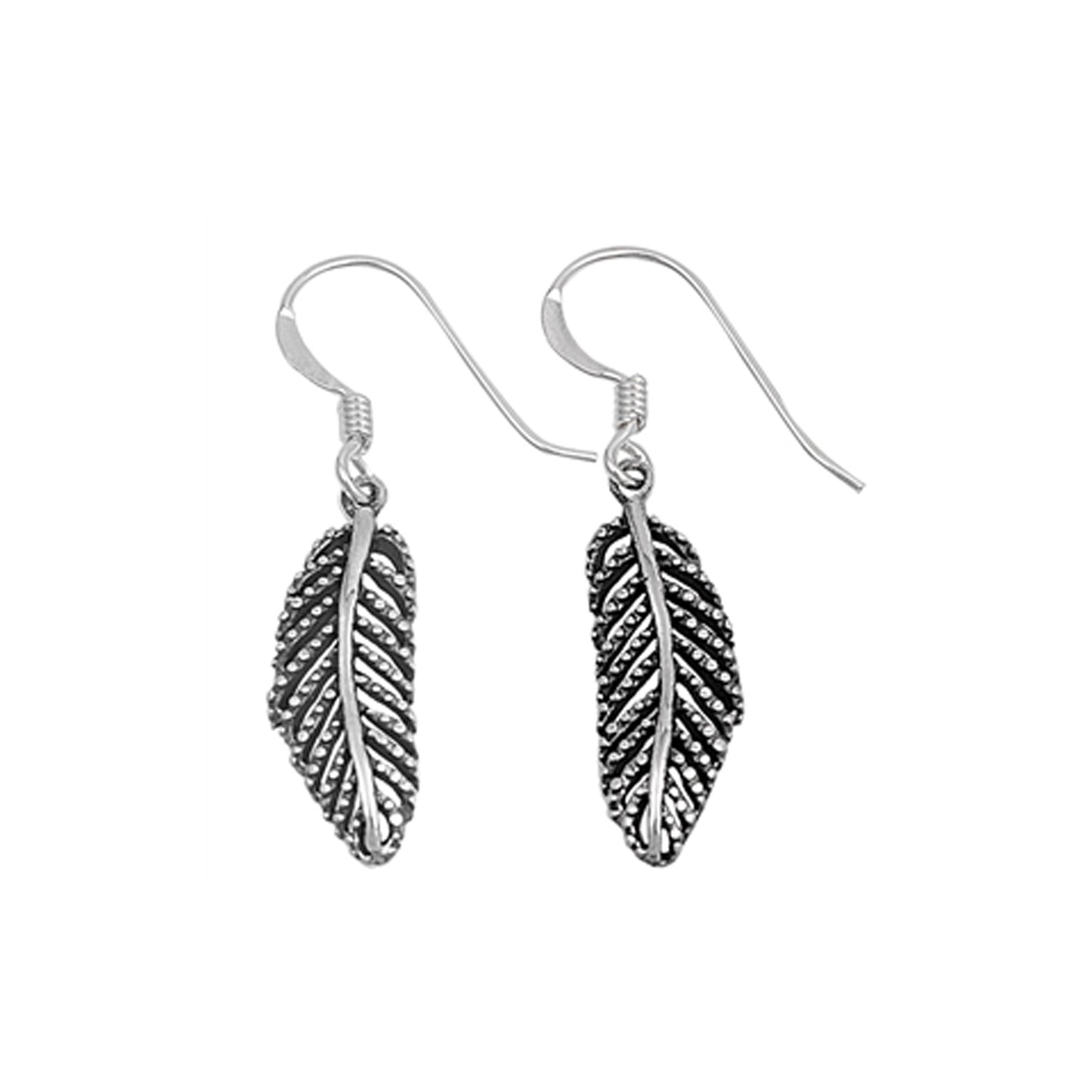 Textured Feather Dangle Earrings Sterling Silver