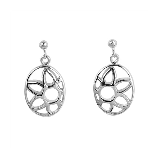 Daisy Flower Oval Dangle Earrings Sterling Silver