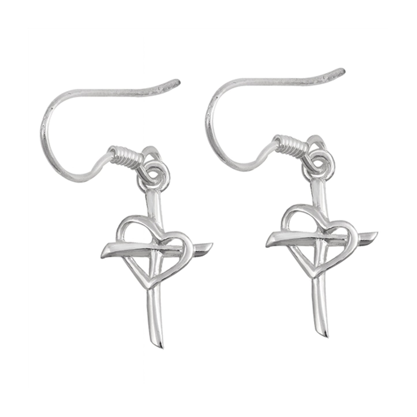 Cross with Heart Center Dangle Earrings Sterling Silver