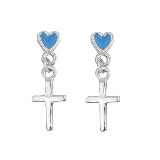 Heart Button Cross Dangle Earrings Sterling Silver