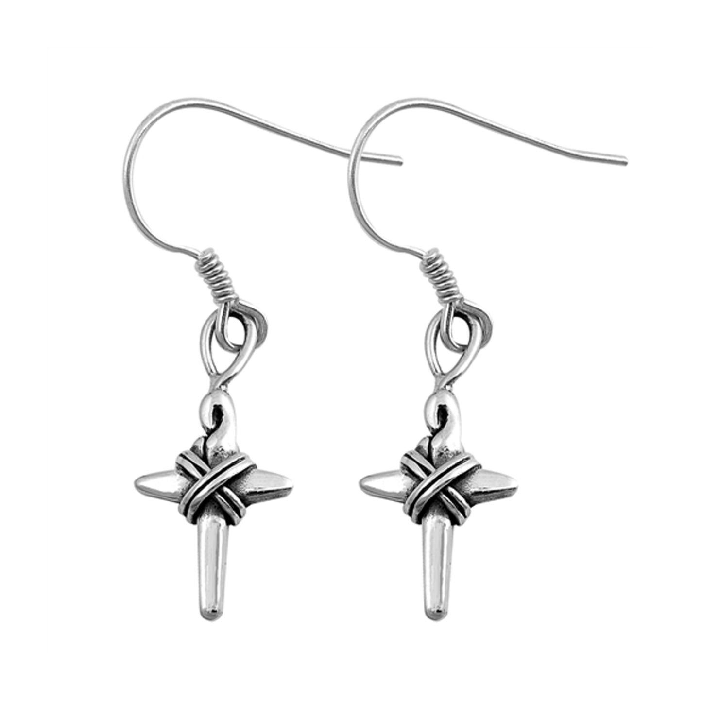 Small Cross with Crossover Center Dangle Earrings Sterling Silver