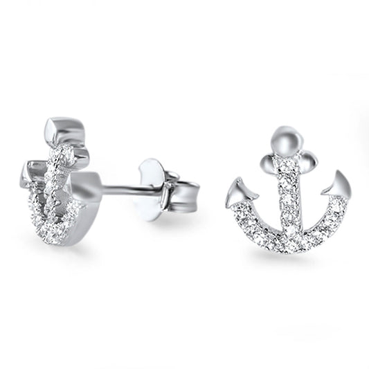 Small Anchor Cubic Zirconia Accent Stud Earrings in Sterling Silver