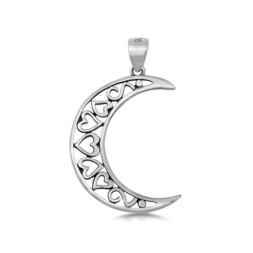 Hearts Motif Crescent Moon Pendant in Sterling Silver