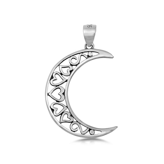 Hearts Motif Crescent Moon Pendant in Sterling Silver