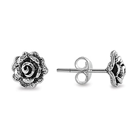 Antique Rose Bud Stud Earrings in Sterling Silver