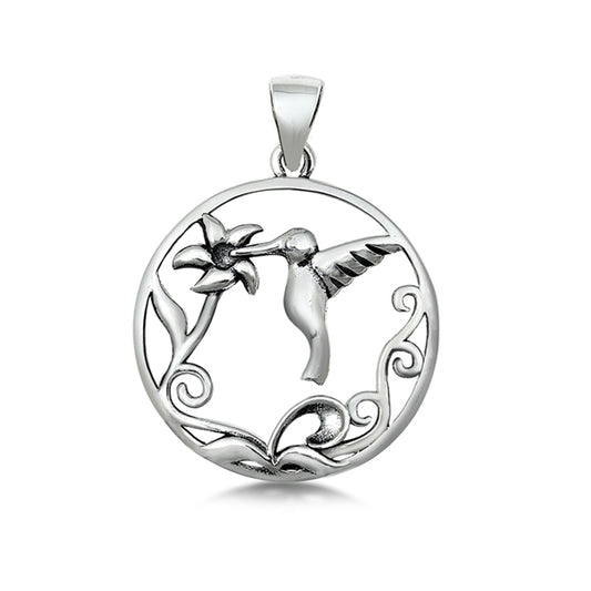 Hummingbird with Flower Circle Pendant in Sterling Silver