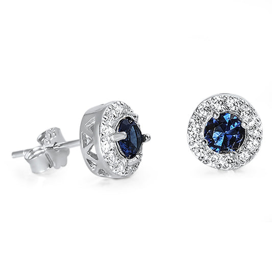 Round-cut Blue Cubic Zirconia Halo Stud Earrings in Sterling Silver