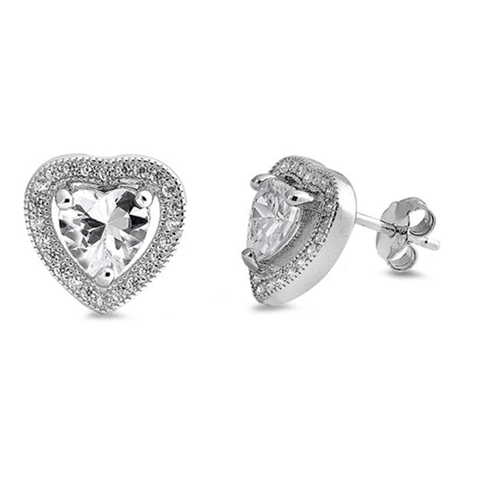 Vintage Heart Cubic Zirconia Stud Earrings in Sterling Silver