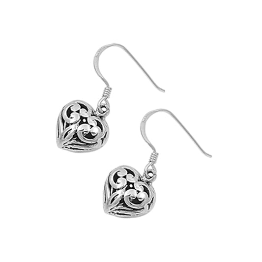 Scroll Design Heart Dangle Earrings in Sterling Silver