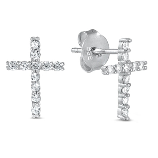 Slender Cross with Cubic Zirconia Stud Earrings in Sterling Silver