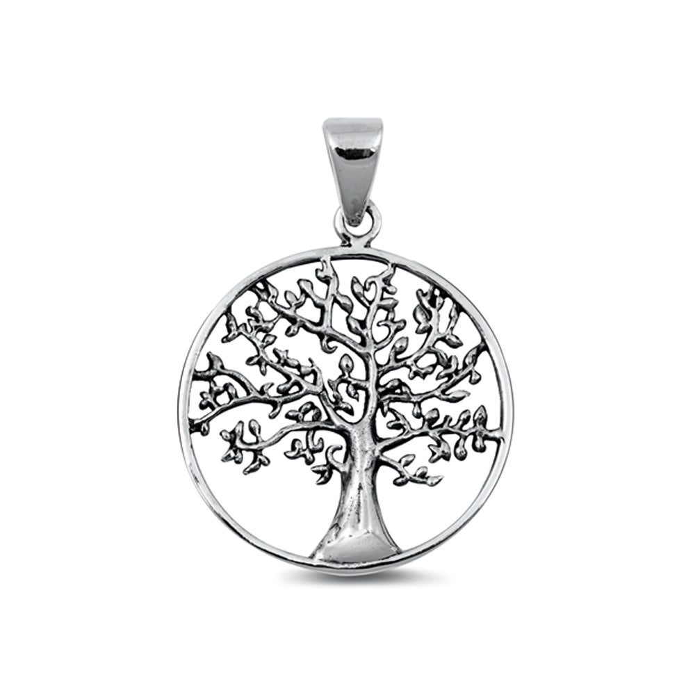 Detailed Tree in a Circle Pendant in Sterling Silver