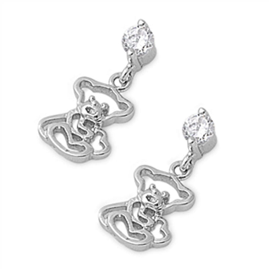 Teddy Bear with Cubic Zirconia Accent Dangle Earrings in Sterling Silver