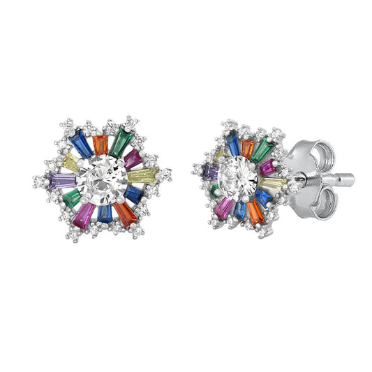 Baguette Flower Stud Earrings Multi-colored Cubic Zirconia in Sterling Silver