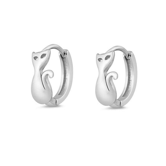 Whimsical Cat Hoop Earrings in Sterling Silver