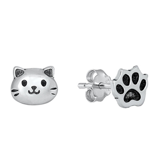 Cat with Paw Mismatched Stud Earrings in Sterling Silver