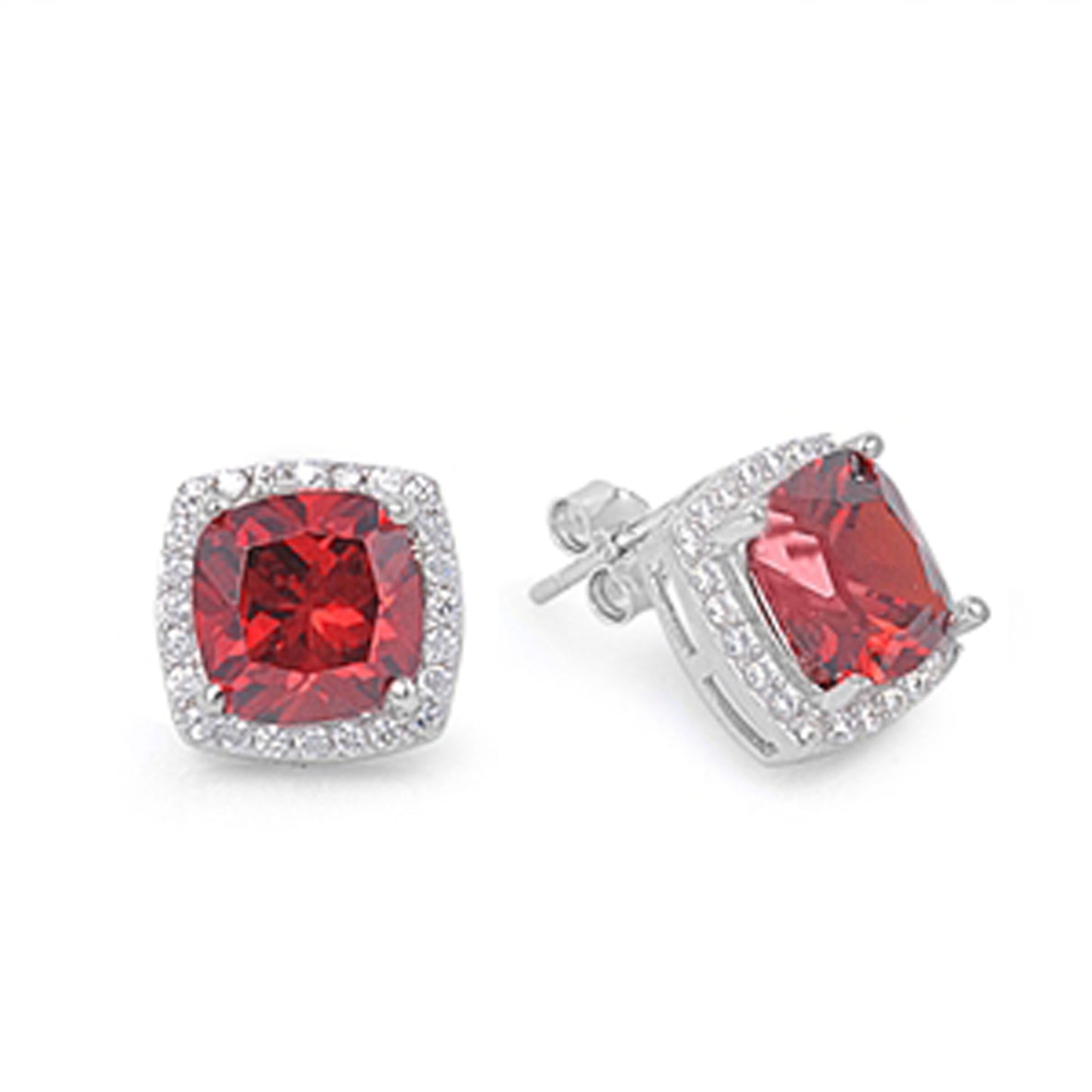 Cushion January Birthstone Cubic Zirconia Halo Inspired Stud Earrings in Sterling Silver