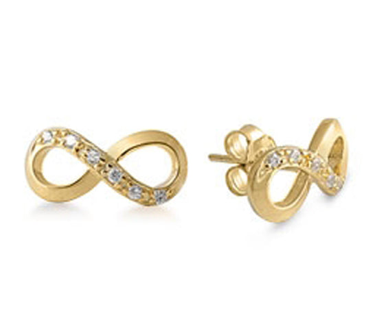 Infinity Stud Earrings with Cubic Zirconia Accents - Yellow Gold Plated in Sterling Silver