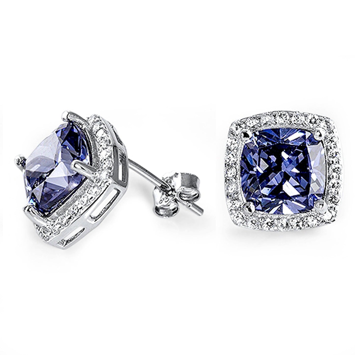 Cushion Violet Cubic Zirconia Halo Inspired Stud Earrings in Sterling Silver