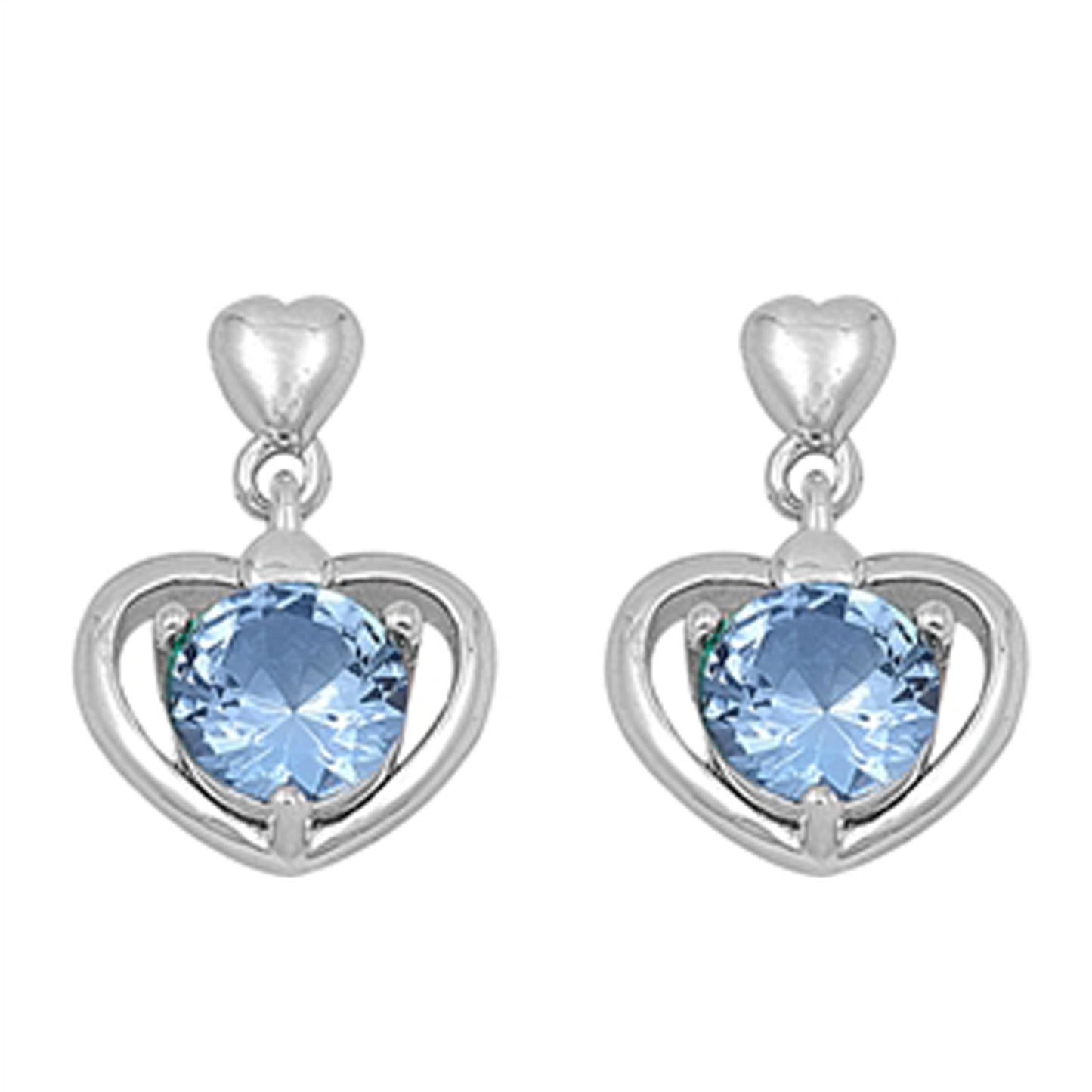 Round-cut March Birthstone Cubic Zirconia Heart Dangle Earrings in Sterling Silver