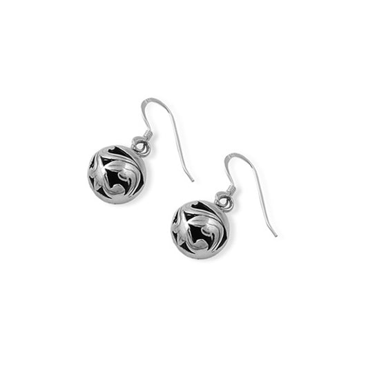 Scroll Design Ball Hook Dangle Earrings in Sterling Silver