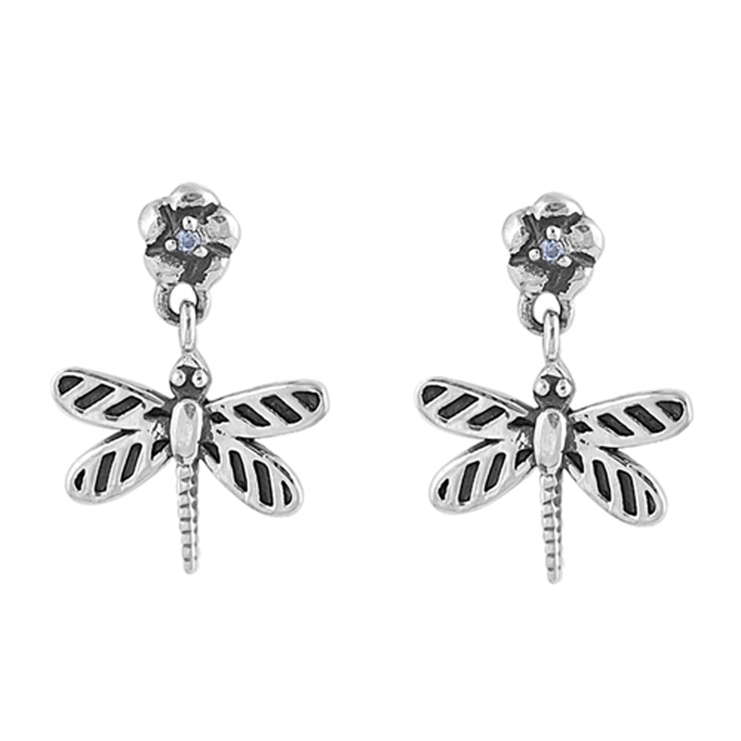 Antique Finish Dragonfly Cubic Zirconia Earrings in Sterling Silver