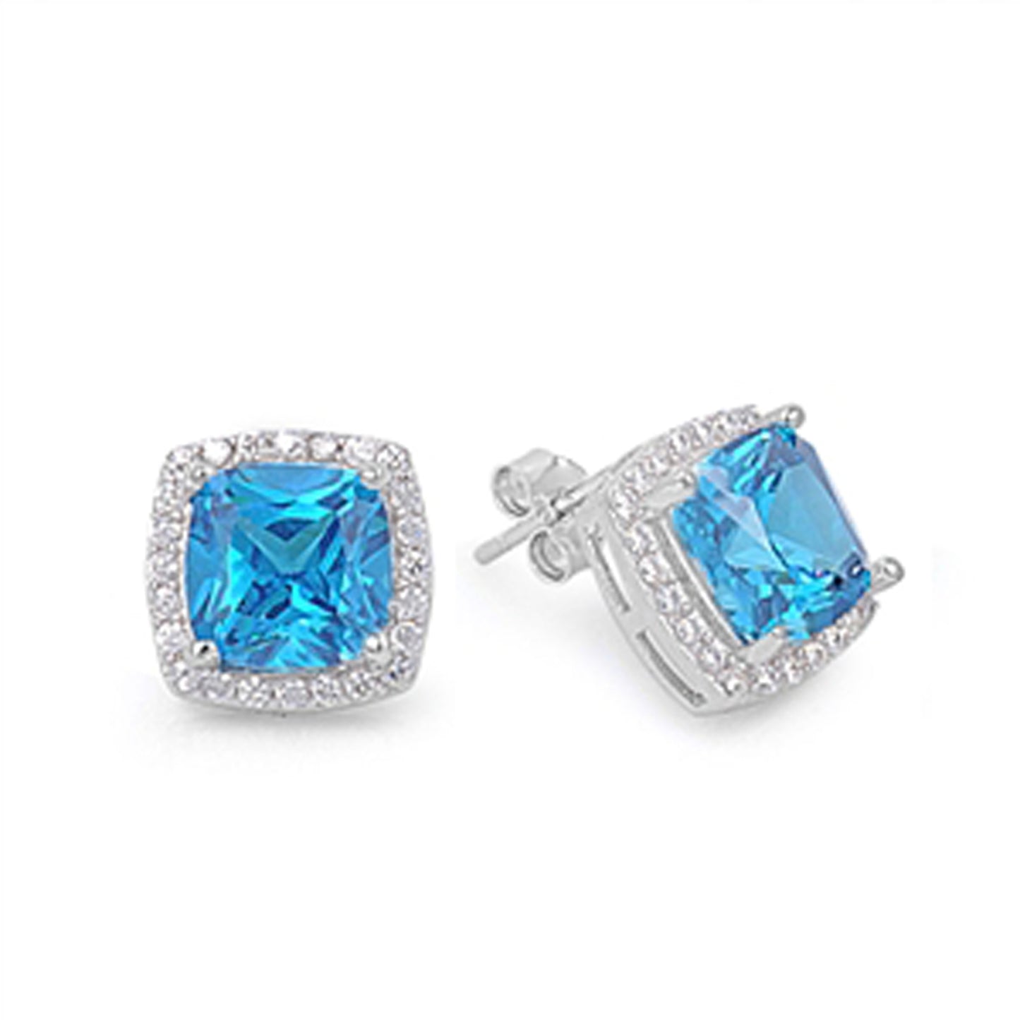 Cushion December Birthstone Cubic Zirconia Halo Inspired Stud Earrings in Sterling Silver