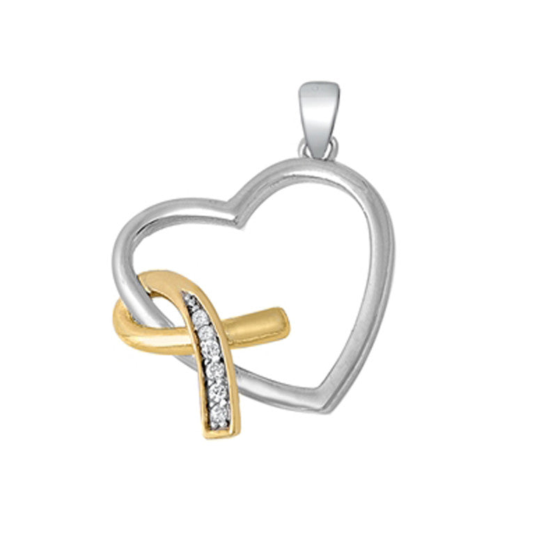 Gold Tone Breast Cancer Awareness Heart with Cubic Zirconia Charm Pendant in Sterling Silver