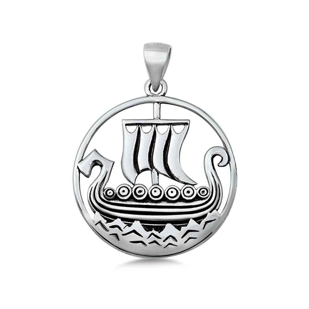 Greek Inspired Ship Design Circle Pendant in Sterling Silver