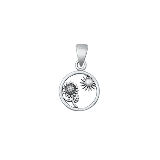 Sunflower with Sun Round Pendant in Sterling Silver